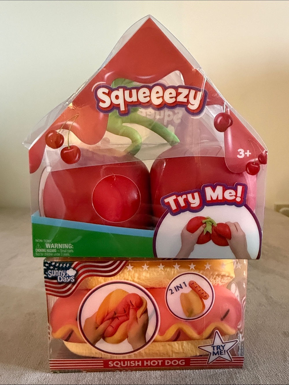 Sunny Days Squeezy Cherries & Hot Dog Fidget Toys | New